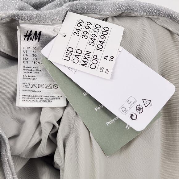 H&M Plunge One Piece Swimsuit Size XL Silver Glitter Maillot Sexy Glam High Cut - Picture 5 of 7